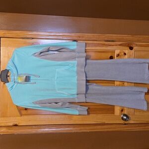 Womens 2pc TEK GEAR Tracksuit Gray Teal Velour XL Hoodie Jacket L Tall Pants NWT